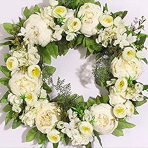 At Home White Peony 20" Floral Wreath - Picture 1 of 6